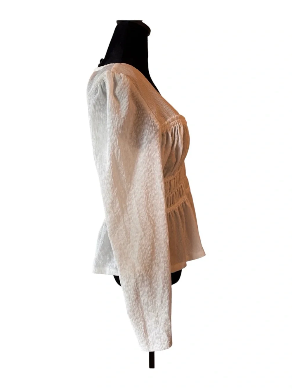 Anthropologie White Smocked Peplum Long-Sleeve Top